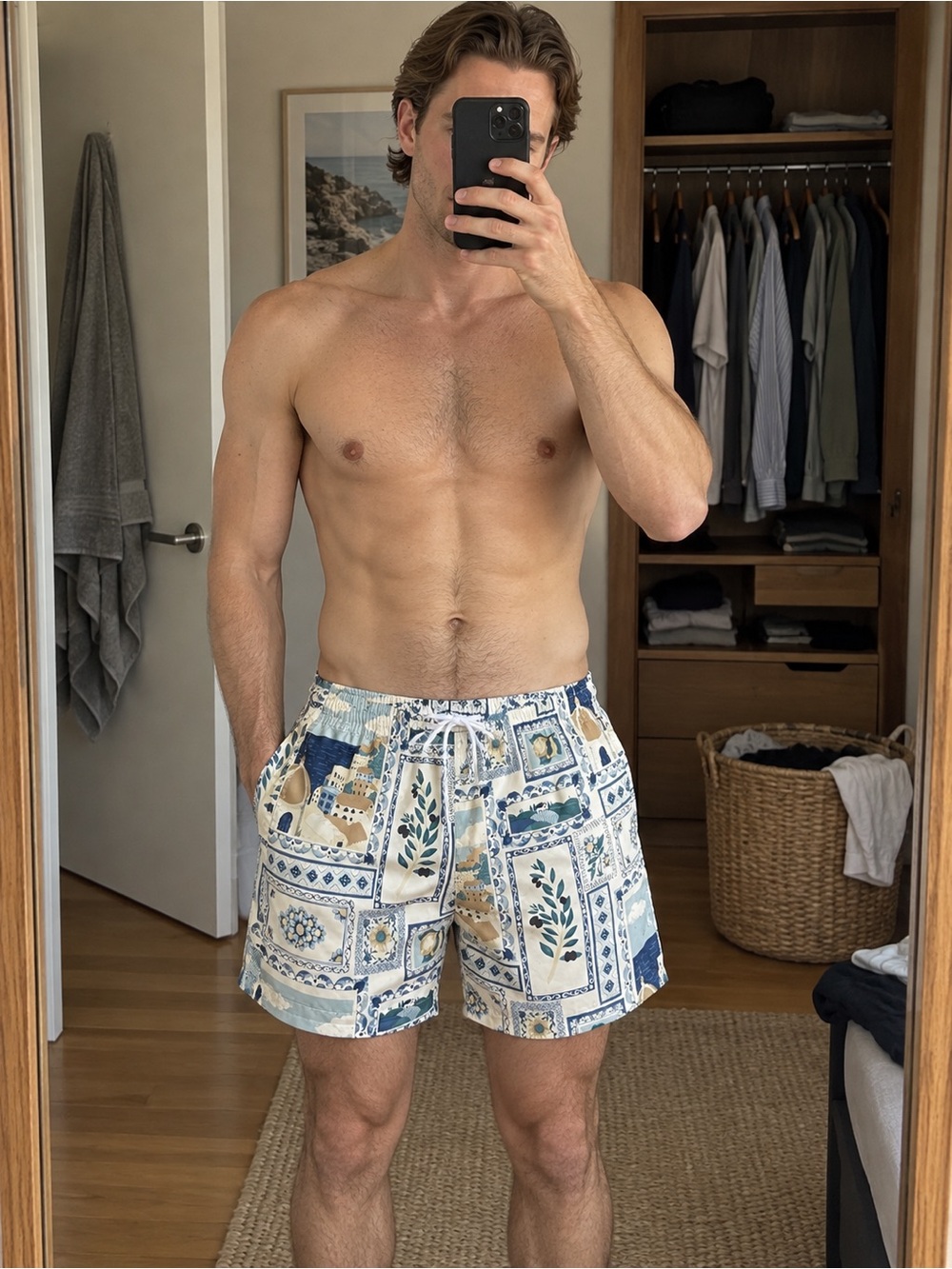 Abercrombie & Fitch Blue and Cream Patterned Swim Trunks